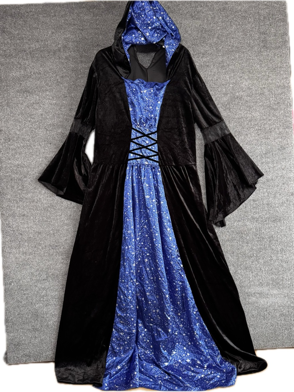 Gothic Celestial Witch Costume Black Velvet Blue Star Hooded Gown Women's 2X